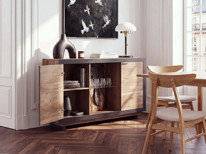 Light wood and black sideboard with LED lighting