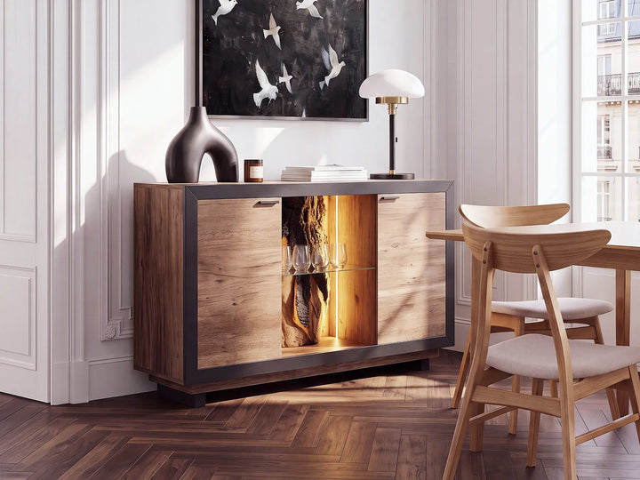 Light wood and black sideboard with LED lighting