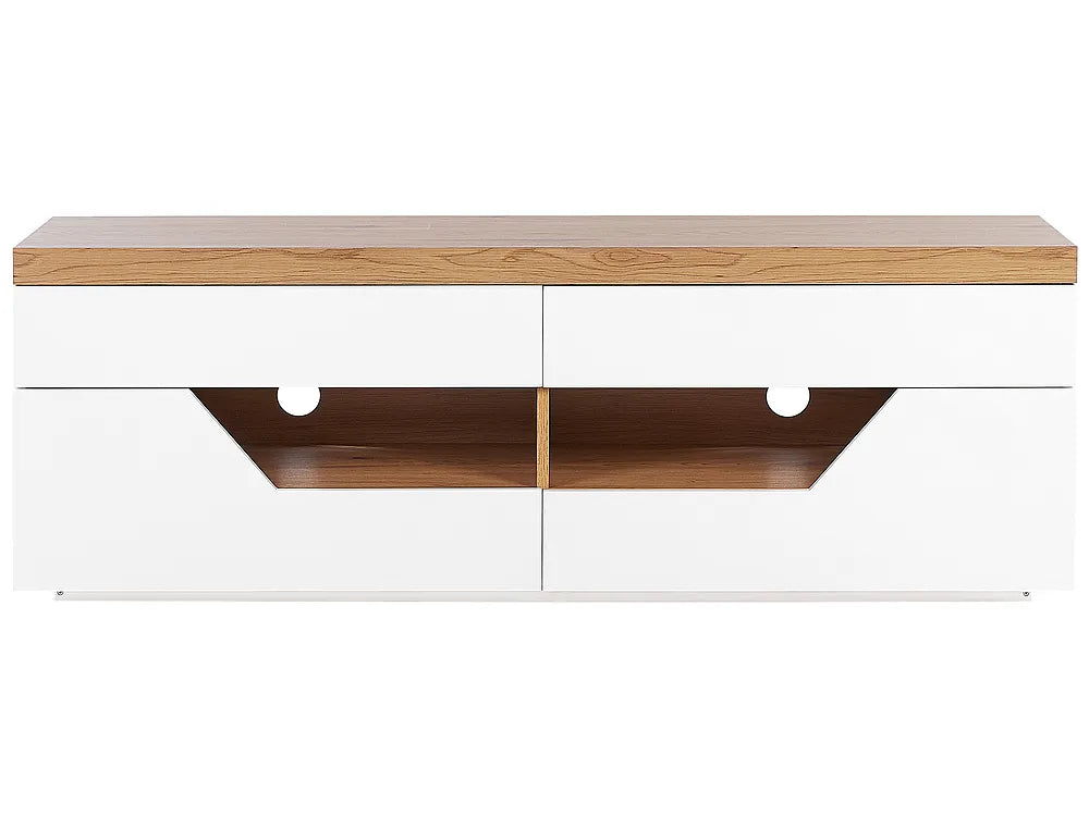 White entertainment unit with light wood details