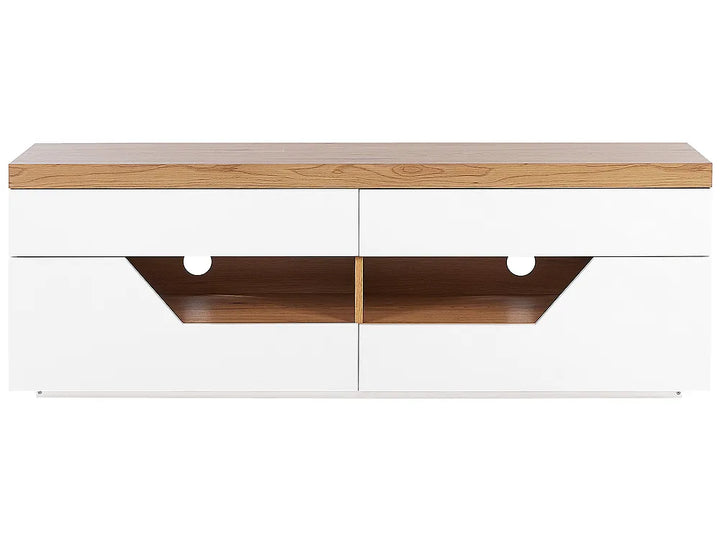 White entertainment unit with light wood details