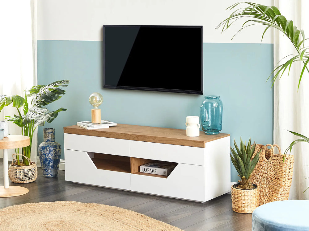 Modern white TV unit with wooden finish