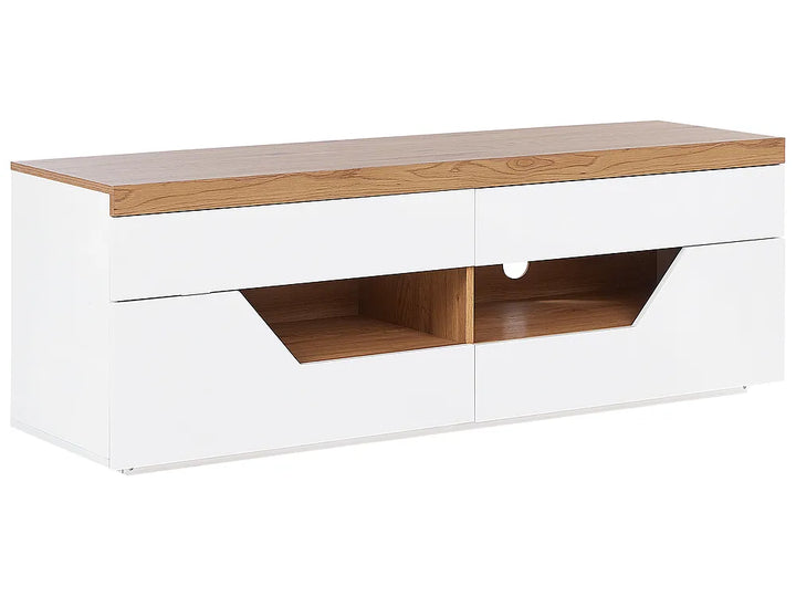 White TV stand with light wood accents