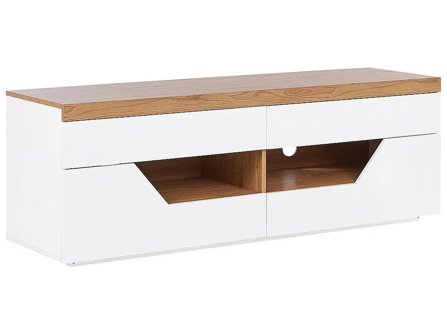 White TV stand with light wood accents