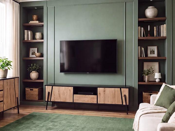 A modern living room featuring a sage green TV wall with built-in shelving, a matching wood and black media console, a green rug, and a white sofa with green pillows.