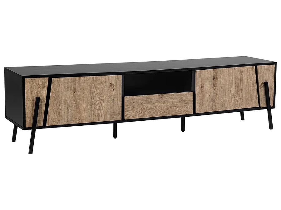 A modern media console with light oak wood doors and a black top