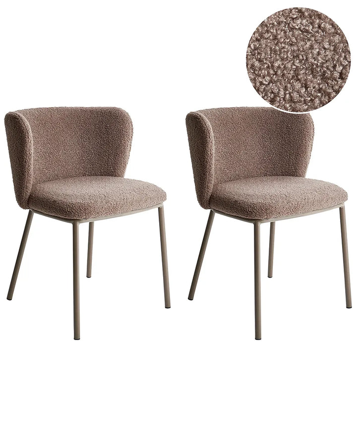 Two upholstered dining chairs with rounded backs and slim metal legs, shown on a white background with a circular fabric close-up inset in the top right.