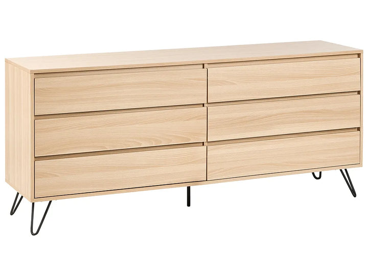 A modern six-drawer dresser in a light natural wood finish with black hairpin legs, shown from a three-quarter angle on a white background.