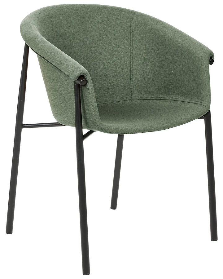 A modern accent chair with a rounded, upholstered seat and backrest in sage green fabric, supported by slim black metal legs, shown against a plain white background.
