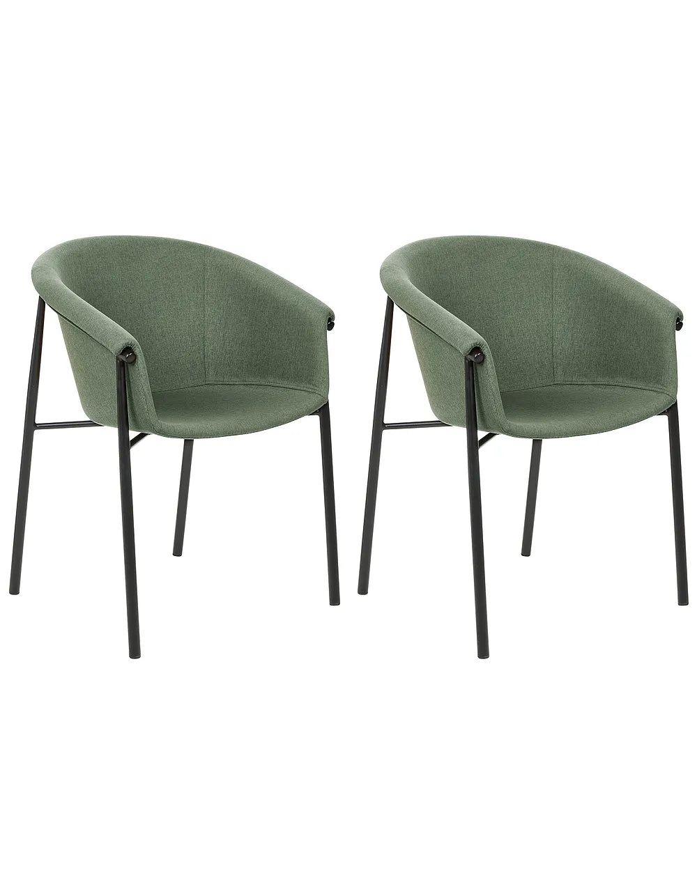 Two matching upholstered dining chairs with rounded backs and black metal legs, shown on a plain white background.