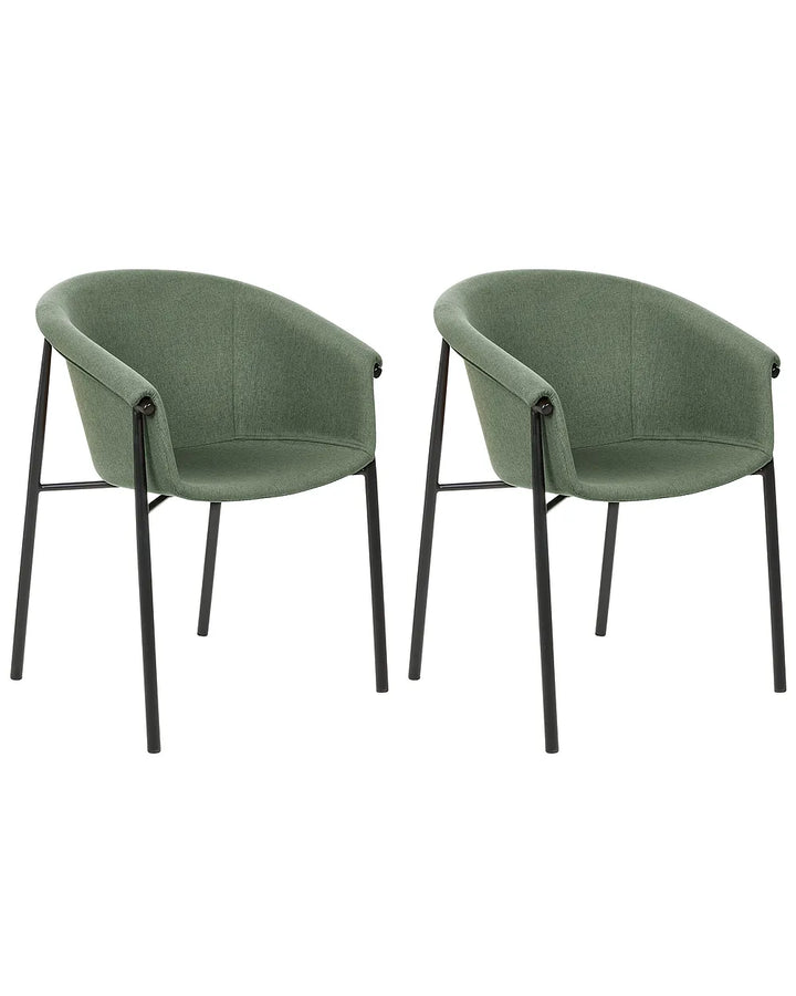 Two matching upholstered dining chairs with rounded backs and black metal legs, shown on a plain white background.