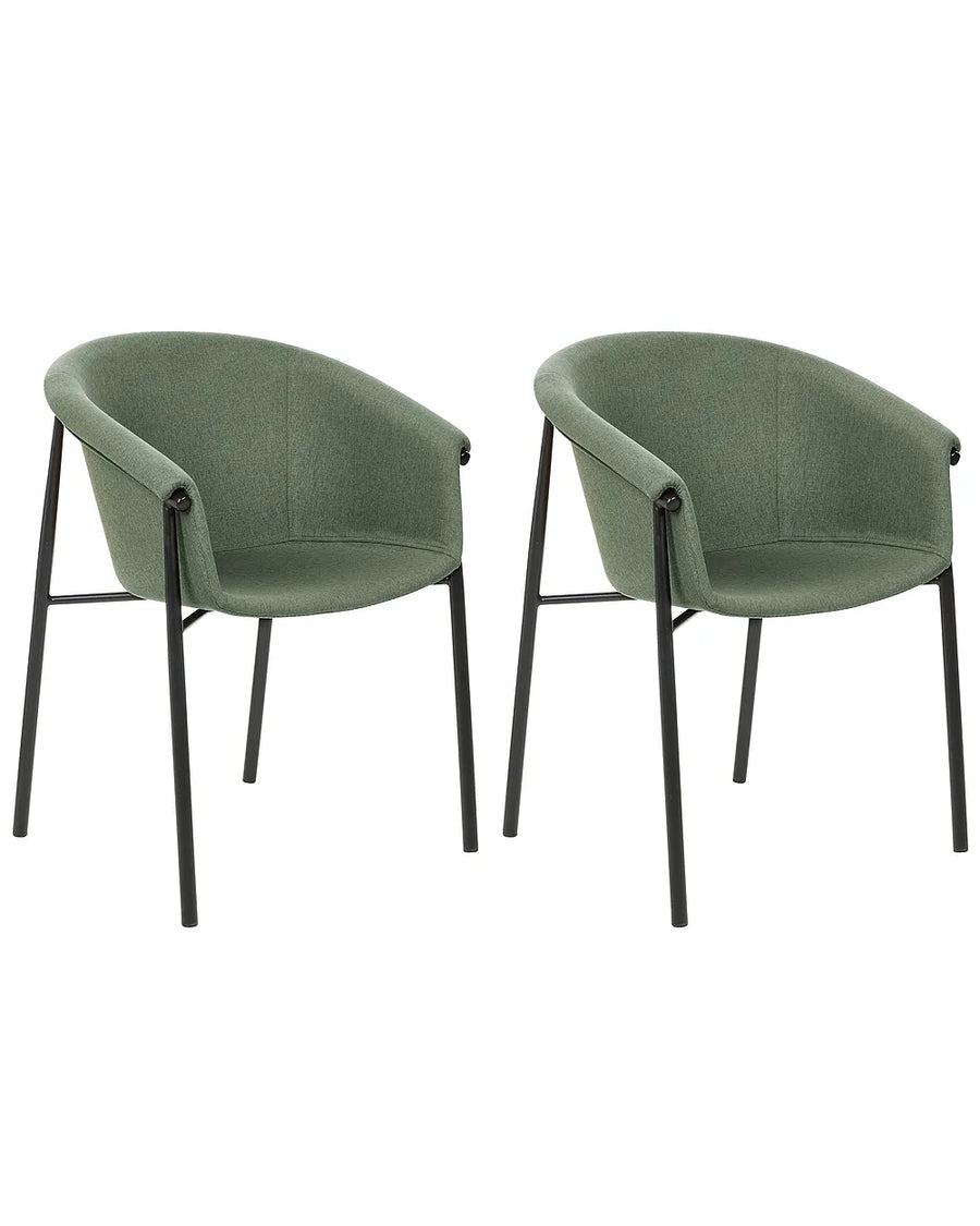 Two matching upholstered dining chairs with rounded backs and black metal legs, shown on a plain white background.