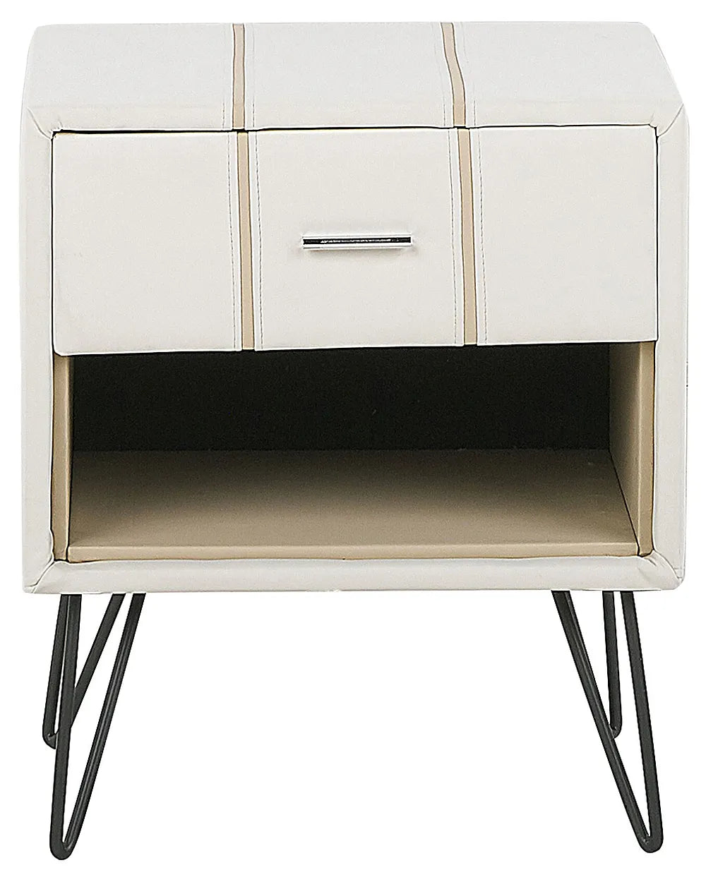 A modern two-drawer nightstand with a cream faux leather exterior, vertical stitched stripe details, a silver metal handle, and black hairpin legs, shown against a plain white background.
