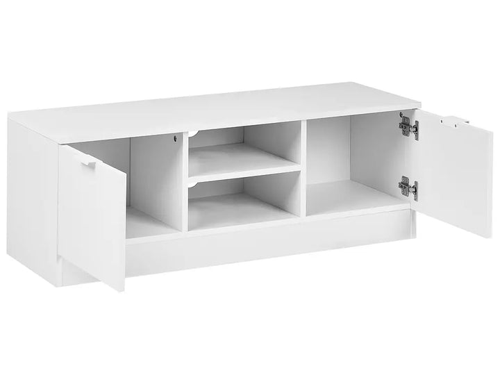 White entertainment console with open doors on a white background