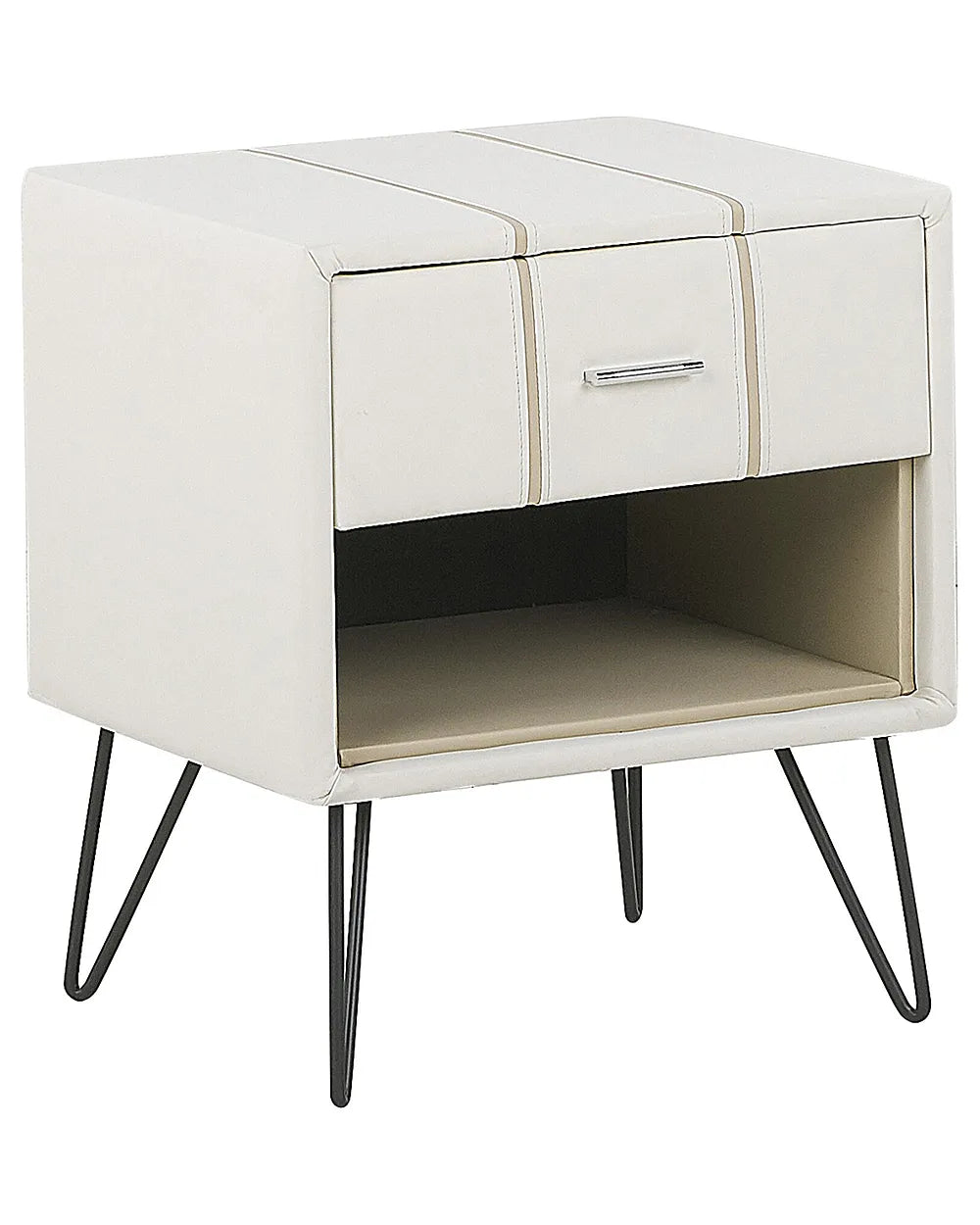 White nightstand with a single drawer and metal legs on a white background