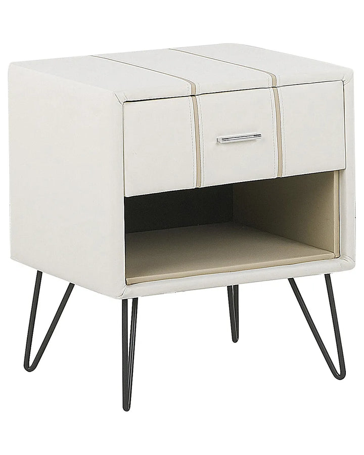 White nightstand with a single drawer and metal legs on a white background