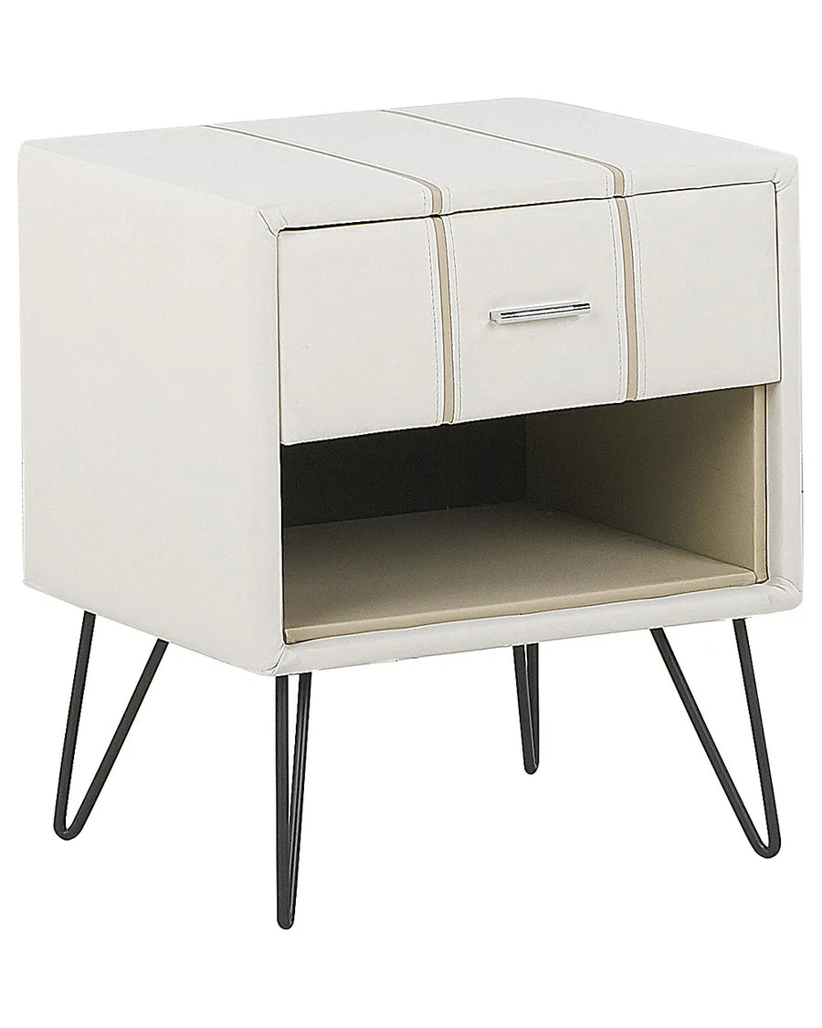 White nightstand with a single drawer and metal legs on a white background