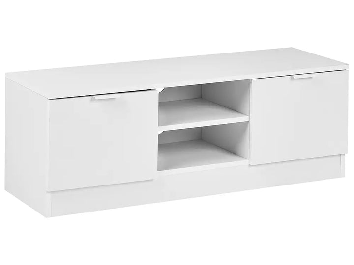 White TV stand with open shelves on a white background