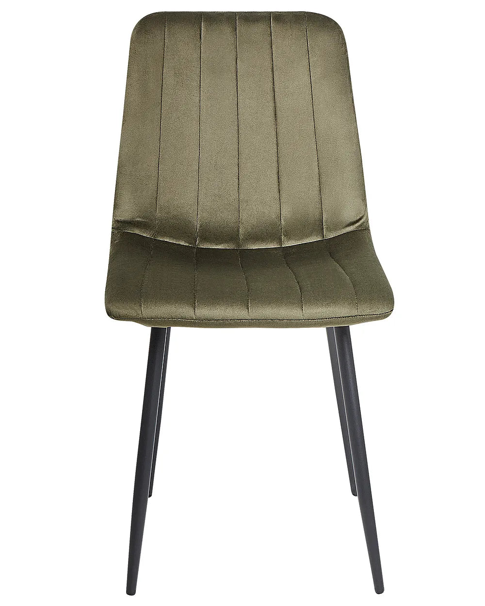 An upholstered dining chair with a vertical channel-tufted backrest and seat, in an olive green velvet fabric, supported by four slim black metal legs, shown against a plain white background.