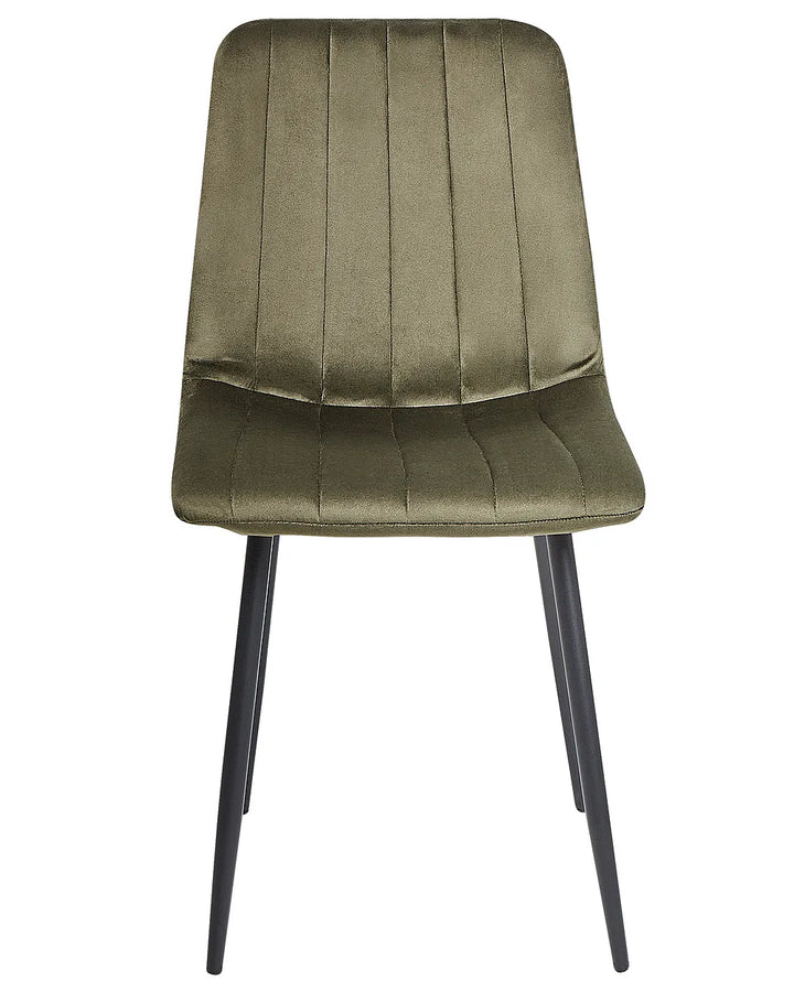 An upholstered dining chair with a vertical channel-tufted backrest and seat, in an olive green velvet fabric, supported by four slim black metal legs, shown against a plain white background.