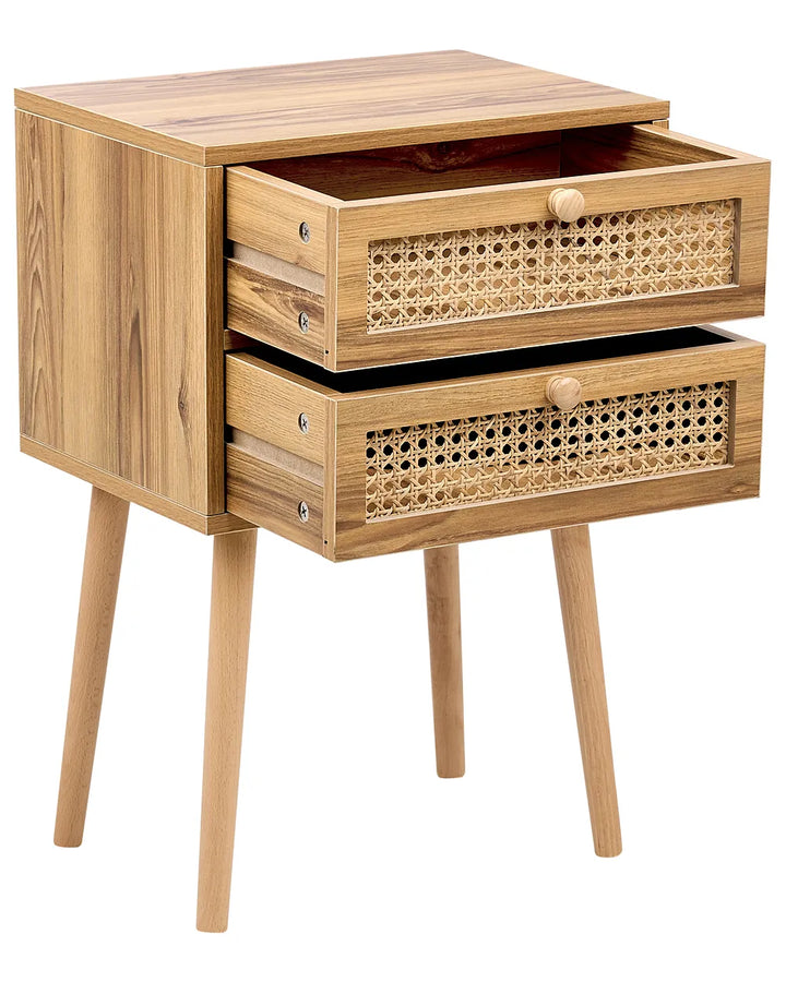 A mid-century modern wooden nightstand with two drawers featuring woven rattan fronts and tapered wooden legs, shown on a white background.