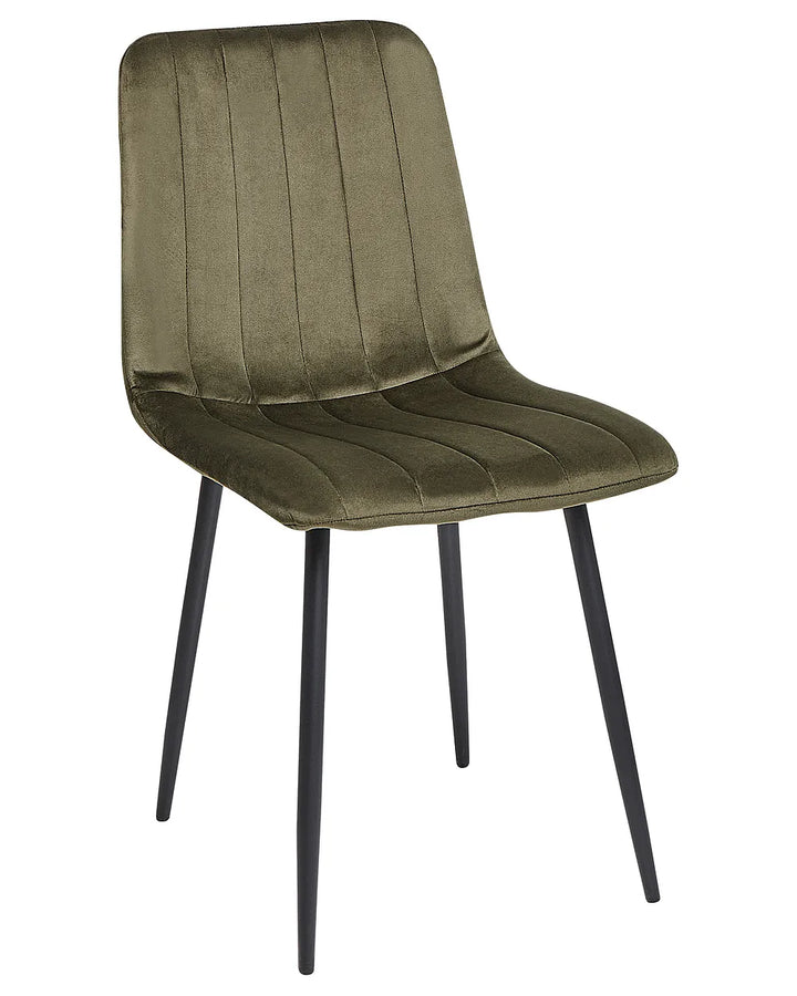 Green upholstered chair with black legs on a white background