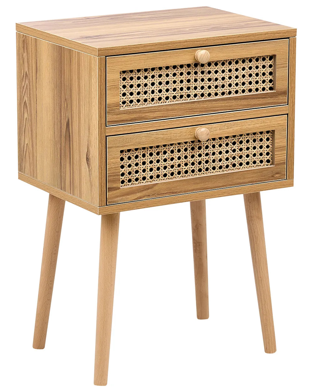 A small wooden side table with two drawers featuring woven cane panel fronts and round wooden knobs, supported by four tapered legs, shown on a plain white background.