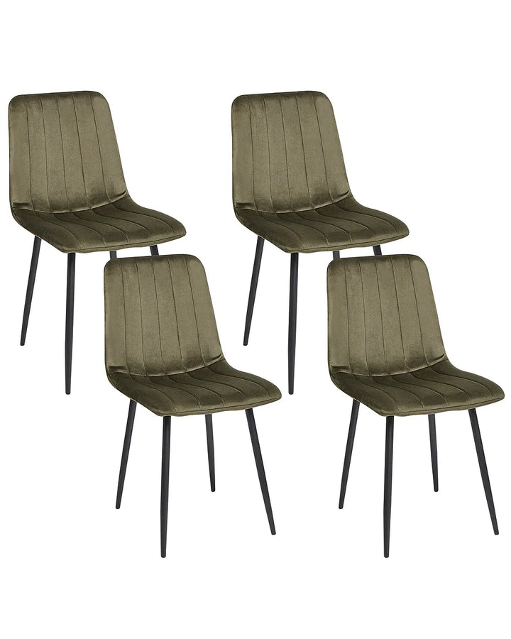 Green upholstered chair with black legs on a white background