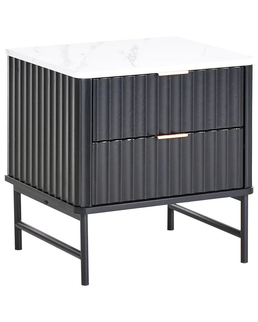A modern two-drawer nightstand with a black ribbed metal body, slim metal legs, and a white marble top, shown on a plain white background.