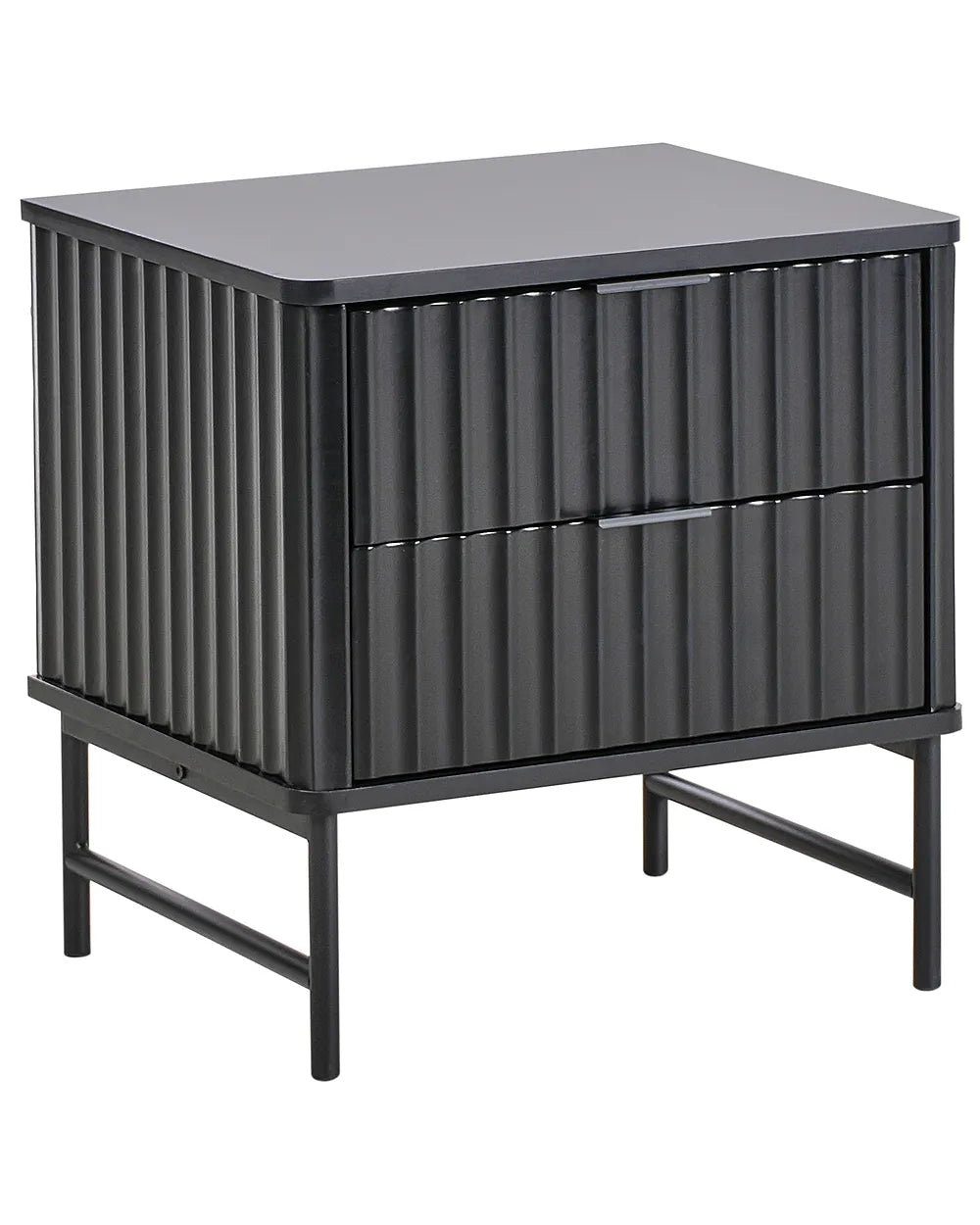 A modern black two-drawer nightstand with a ribbed metal front, a flat top, and a slim metal frame on legs, shown against a plain white background.