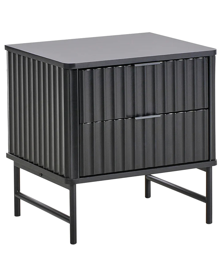 A modern black two-drawer nightstand with a ribbed metal front, a flat top, and a slim metal frame on legs, shown against a plain white background.