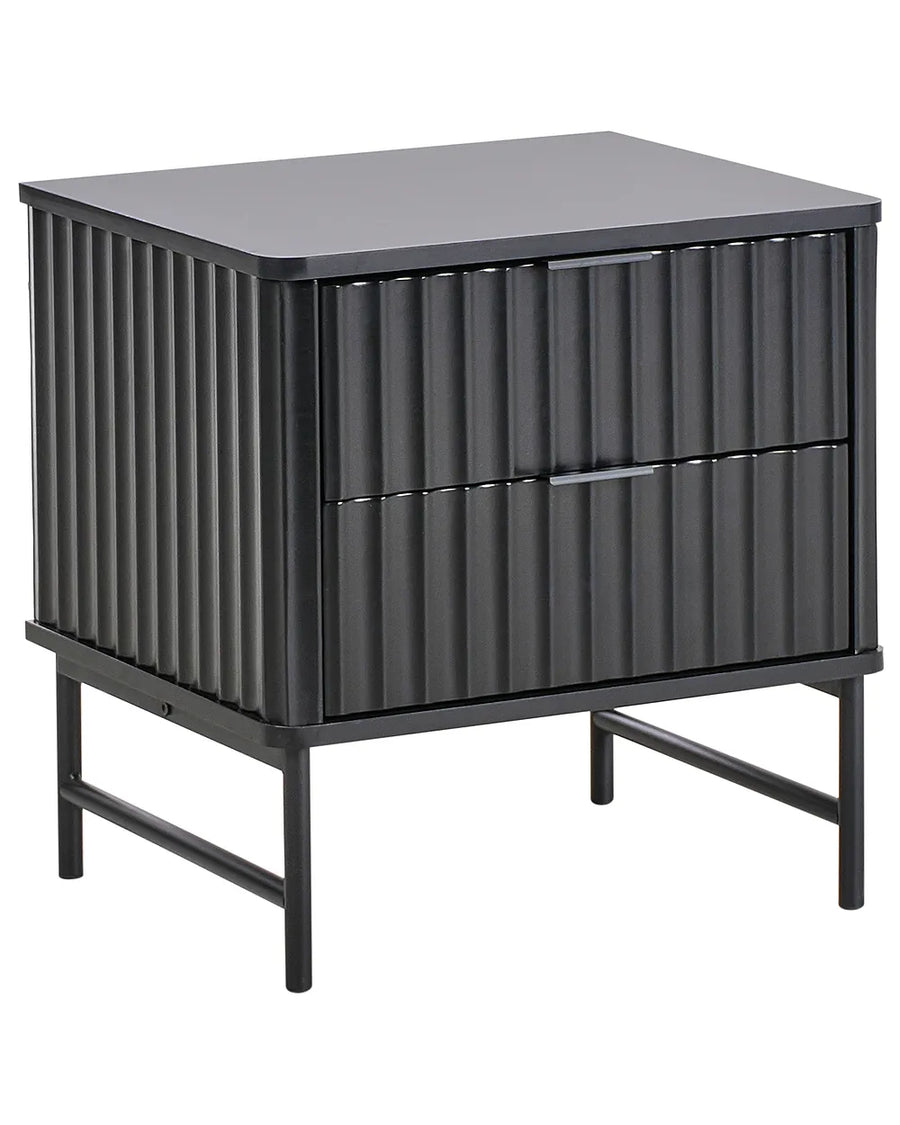 A modern black two-drawer nightstand with a ribbed metal front, a flat top, and a slim metal frame on legs, shown against a plain white background.