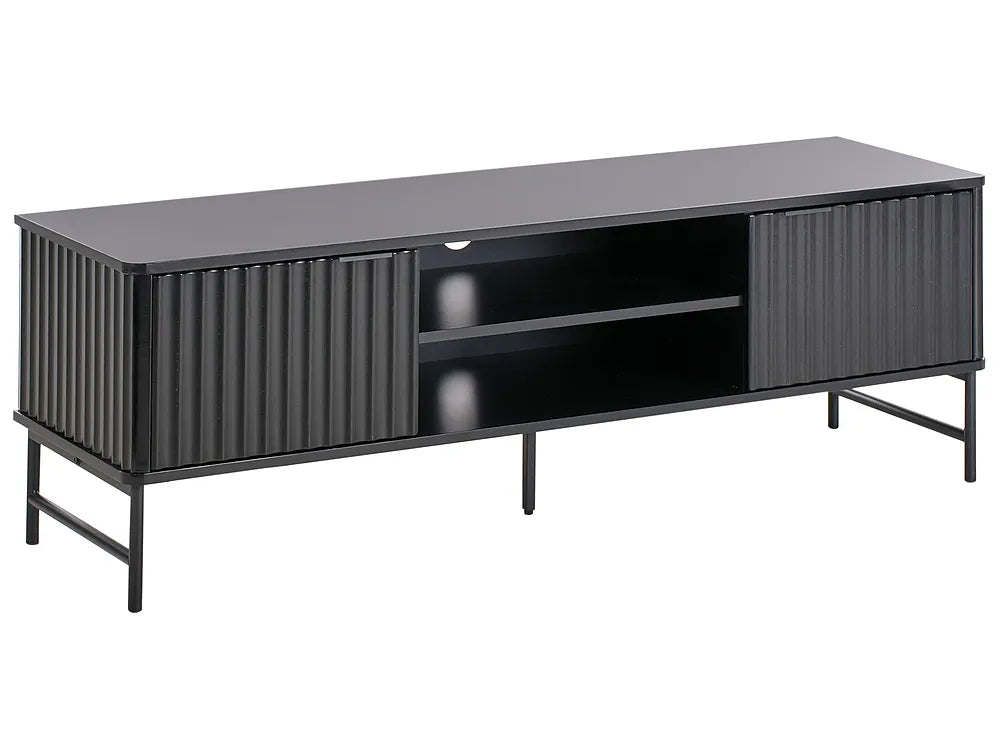 Black TV stand with metal finish on a white background