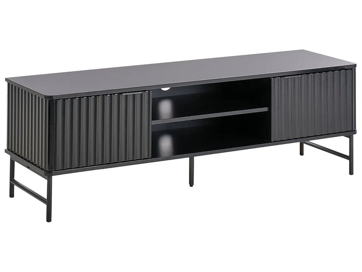 Black TV stand with metal finish on a white background