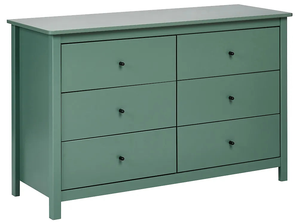 A six-drawer dresser in a muted sage green color with small black knobs, shown against a plain white background.