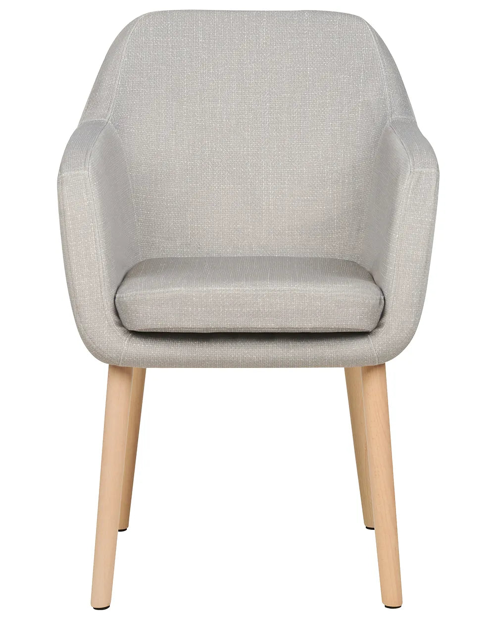 A modern upholstered armchair with a light gray textured fabric, curved backrest, integrated armrests, and tapered natural wood legs, shown against a plain white background.