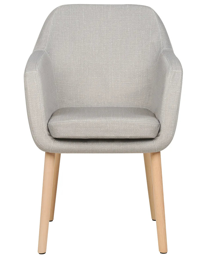 A modern upholstered armchair with a light gray textured fabric, curved backrest, integrated armrests, and tapered natural wood legs, shown against a plain white background.