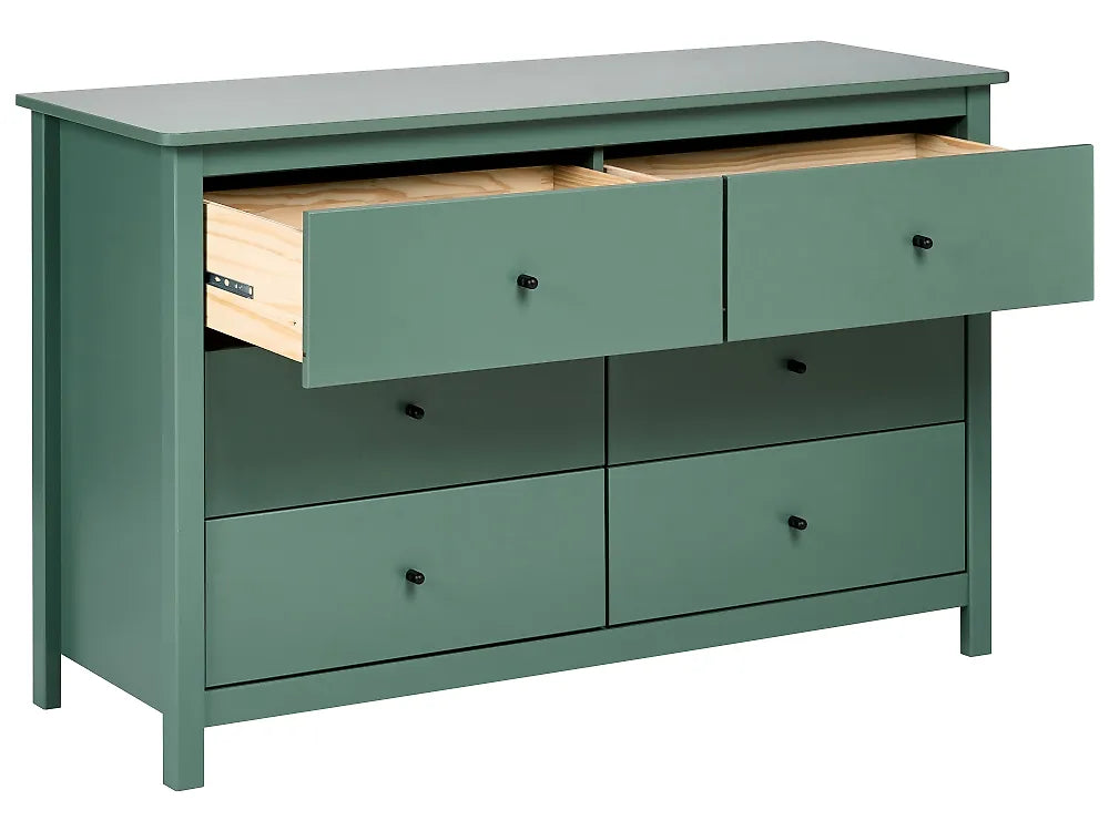 A green wooden dresser with six drawers, including one open drawer showing the natural wood interior, photographed on a white background.
