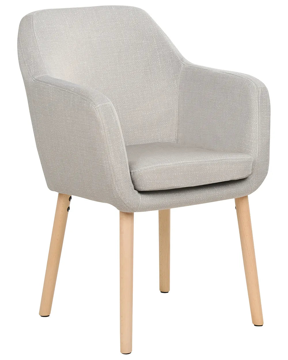 A modern upholstered armchair with a light gray textured fabric and four tapered natural wood legs, shown against a plain white background.