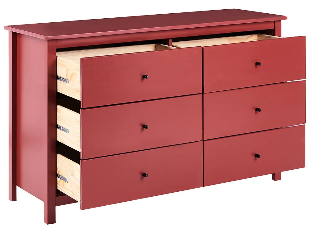 A six-drawer wooden dresser in a muted brick red finish, with three drawers pulled open to show light natural wood interiors. The dresser has small round black knobs and is photographed on a clean white background.
