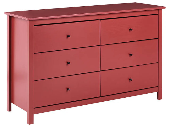 A six-drawer wooden dresser in a muted red finish, featuring small round black knobs and a clean white background.