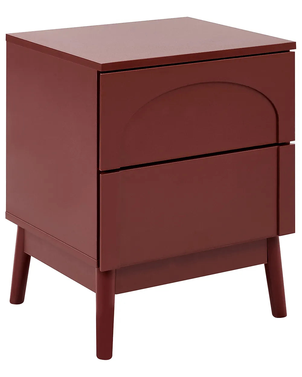 A small two-drawer nightstand in a matte reddish-brown finish, featuring tapered legs and a curved arched detail on the top of the upper drawer, shown against a plain white background.