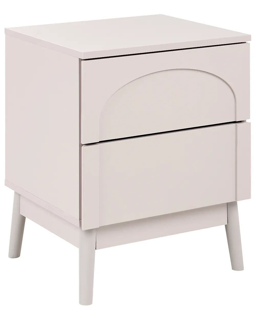 A modern two-drawer nightstand in a light cream or off-white finish, featuring a curved arched detail on the top drawer front and tapered legs, shown against a plain white background.