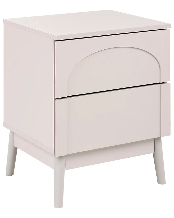 A modern two-drawer nightstand in a light cream or off-white finish, featuring a curved arched detail on the top drawer front and tapered legs, shown against a plain white background.