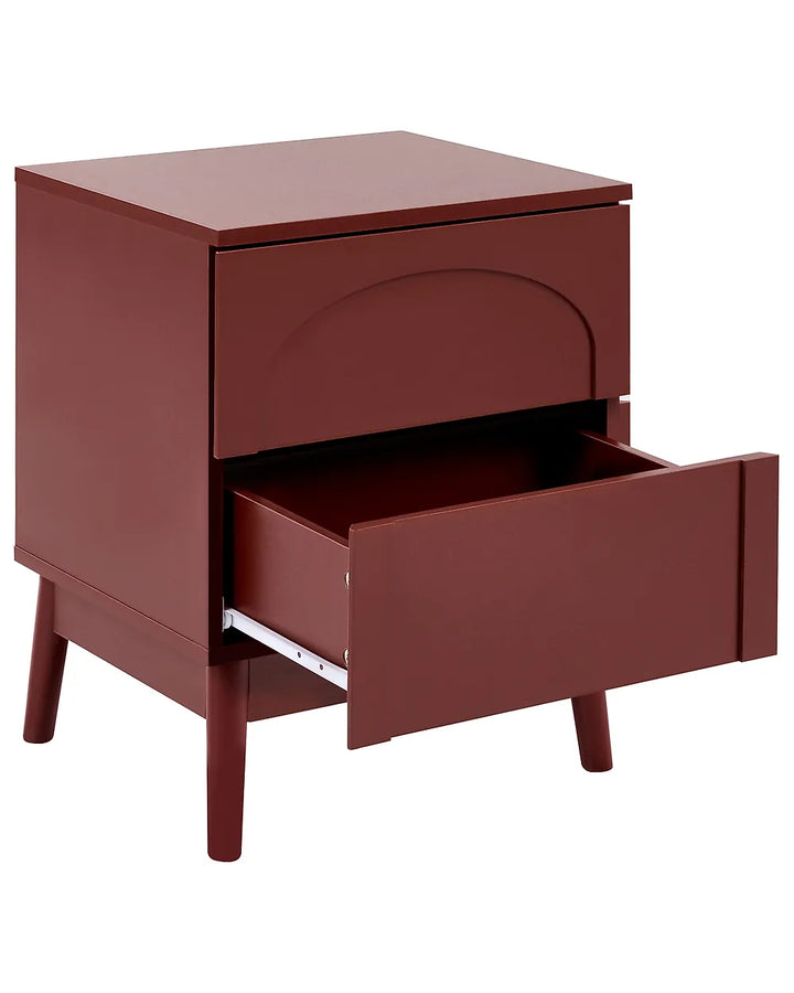A small two-drawer nightstand in a glossy dark reddish-brown finish, with the bottom drawer pulled open to show the interior. The nightstand has tapered legs and a clean studio presentation on a white background.