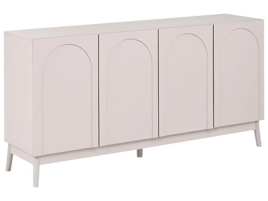 A modern four-door sideboard cabinet in a pale blush pink color, featuring arched recessed details on each door and tapered legs, shown against a plain white background.