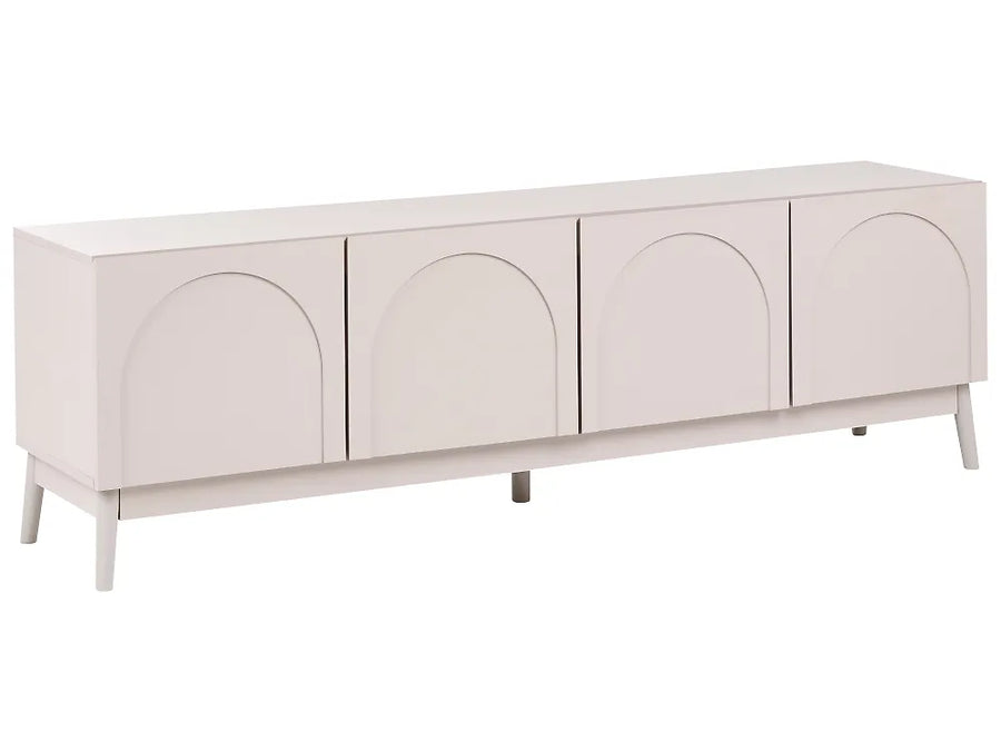 A modern long sideboard cabinet with four doors featuring arched recessed panels, finished in a light warm off-white color with tapered legs, shown on a plain white background.