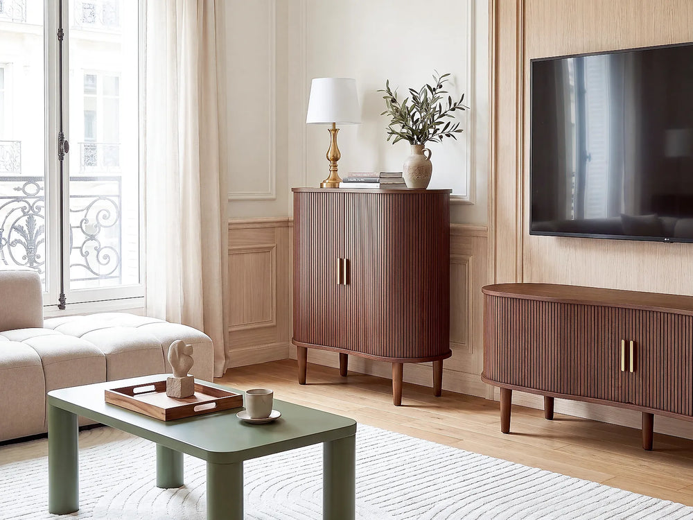 Dark brown storage cabinet with two doors