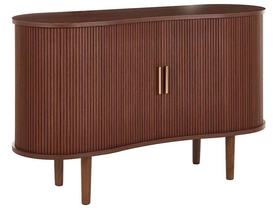 A mid-century modern sideboard cabinet with a curved, ribbed wood grain finish in a warm reddish-brown tone, featuring two doors with vertical gold handles and four tapered legs.