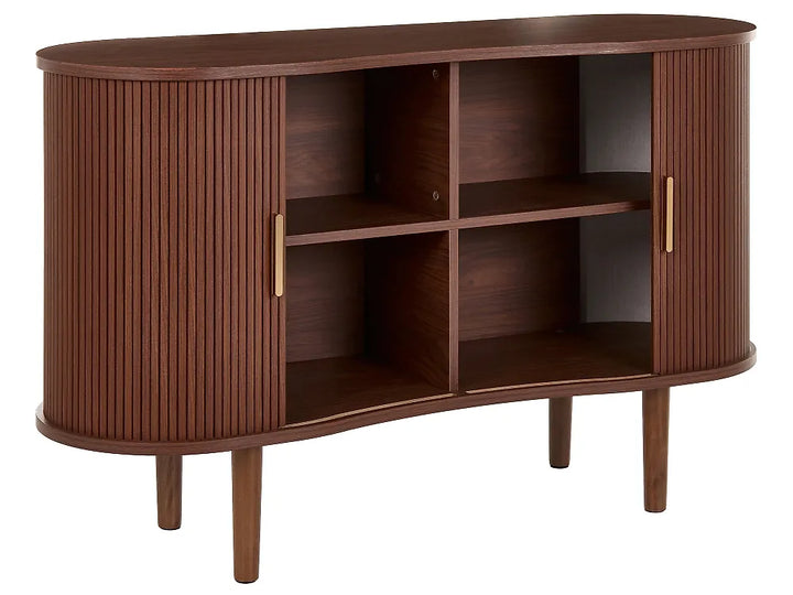 A mid-century modern wooden sideboard cabinet with a curved organic silhouette, fluted vertical doors, open center shelves, and gold-toned handles, shown on a plain white background.