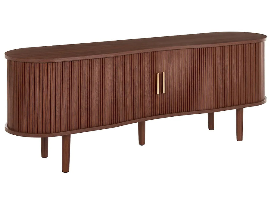 A mid-century modern sideboard cabinet with a curved, elongated oval shape, featuring a fluted wood-grain front, tapered legs, and two vertical gold metal handles.